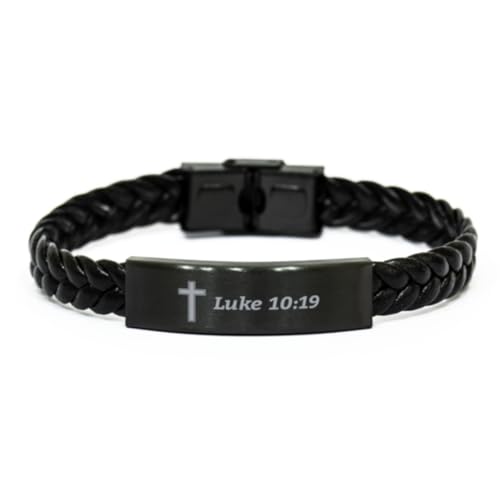 DesiDD Luke 10:19 Bible Verse Bracelet for Men Women, Christian Luke 10 19 Quote Cross Engraved Braided Leather Wristband, Inspirational Religious Faith Jewelry Gifts for Him Her