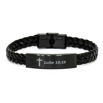 DesiDD Luke 10:19 Bible Verse Bracelet for Men Women, Christian Luke 10 19 Quote Cross Engraved Braided Leather Wristband, Inspirational Religious Faith Jewelry Gifts for Him Her