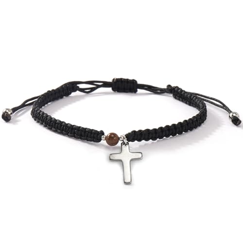 Christian Gifts for Women Men,Adjustable Religious Cross Brided String Faith Bracelet,Minimalism Catholic Baptism Accessories Jewelry Gifts Friendship - color: Black