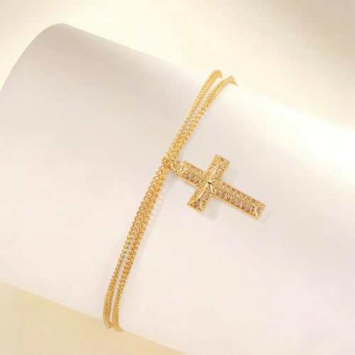 Gold Cross Bracelet for Women, Dainty 18K Gold Plated Double Pendant Jewelry, Sparkling Zirconia Prayer Bracelet, Adjustable Link Chain Lobster Clasp (5.9in + 2.4in) - style: Sparkling Full-Zircon Cross
