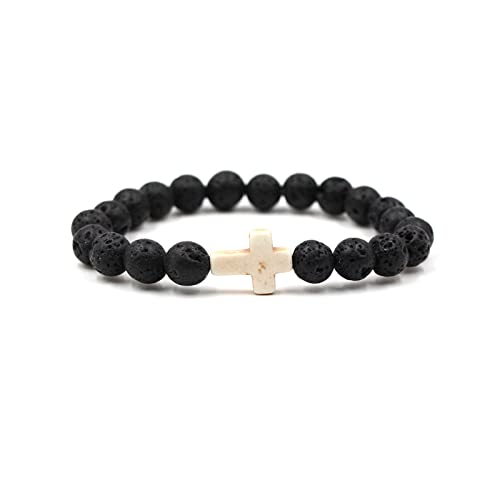 FORUBUS Lava Rock Stone Beaded Bracelet, Cross Charm Natural Volcanic Stone beads Turquoise Stretch Bracelet for Women Men Religion Jewelry Pray Baptism Gift - color: 1pcs white