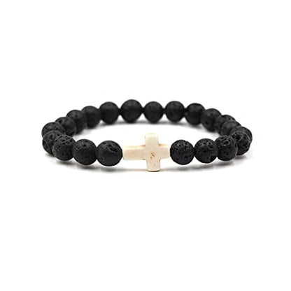 FORUBUS Lava Rock Stone Beaded Bracelet, Cross Charm Natural Volcanic Stone beads Turquoise Stretch Bracelet for Women Men Religion Jewelry Pray Baptism Gift - color: 1pcs white