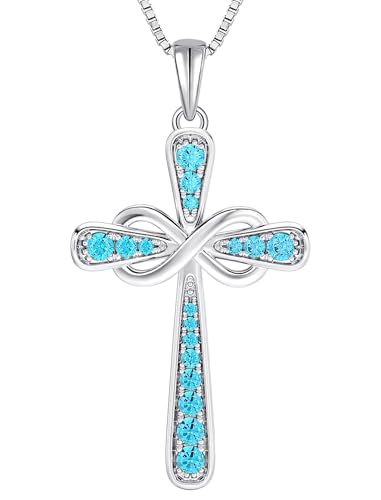 YL 925 Sterling Silver Cross Necklace for Women Halo Infinity Pendant Cubic Zirconia Jewelry for Mom - color: 03-aquamarine-Mar