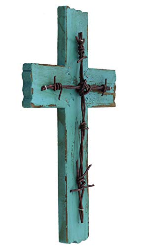 RWI Simple 10 1/2" Weathered Wood & Barbwire Decorative Wall Cross - Shabby Chic Chalk Paint Look