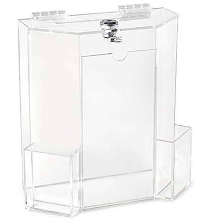 Donation Collection Office Suggestion Acrylic Ballot Box 9 x 8 inch with Display area of 8 x 3.75 inch comes with 2 business card size pockets and lock with set of keys (clear) - color: Clear