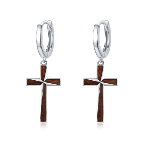 Cross Earrings for Women Men 925 Sterling Silver, Cross Hoop Drop Earrings, Christian Jewelry Gift for Women Men - style: Wooden Cross Earrings
