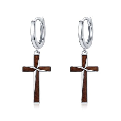 Cross Earrings for Women Men 925 Sterling Silver, Cross Hoop Drop Earrings, Christian Jewelry Gift for Women Men - style: Wooden Cross Earrings