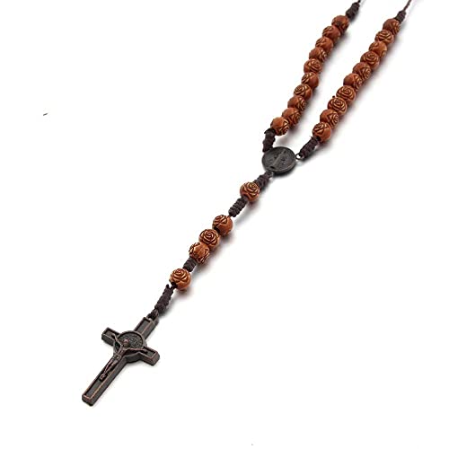 COLORFUL BLING Natural Wooden Catholic Rosaries Wood Crucifix Prayer Beads Pendant Necklace Prayer Jesus Religious Cross Rosary Necklace Handmade Jewelry - color: brown