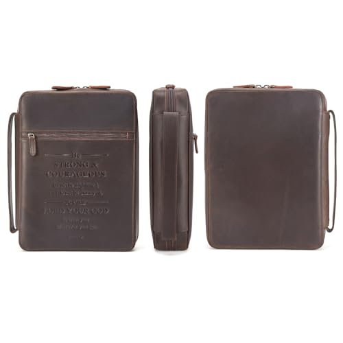 Polare Full Grain Leather Bible Cover Church Bag Bible Protective Book Holder Carrying Case Folder Organizer Portfolio - style: Dark Brown(Strong & Courageous)