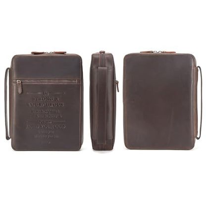 Polare Full Grain Leather Bible Cover Church Bag Bible Protective Book Holder Carrying Case Folder Organizer Portfolio - style: Dark Brown(Strong & Courageous)