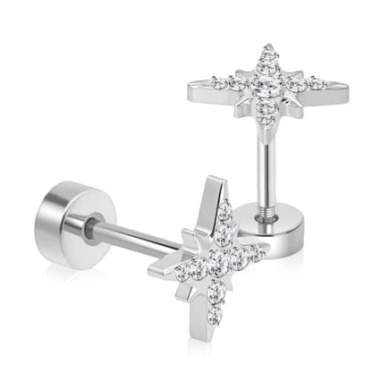 XUU 20G Flat Back Stud Earrings ASTM F136 Titanium & Sparkling CZ - color: silver cross star