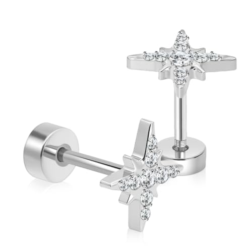 XUU 20G Flat Back Stud Earrings ASTM F136 Titanium & Sparkling CZ - color: silver cross star