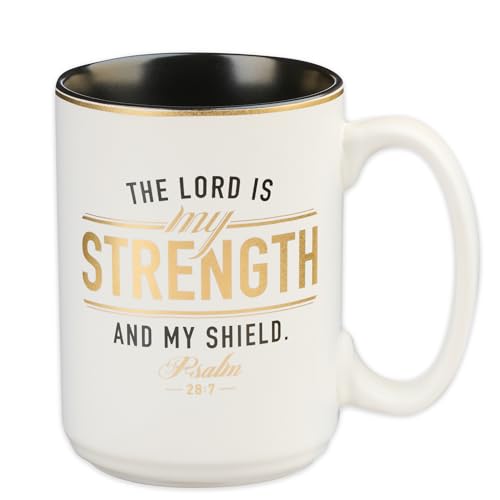Christian Art Gifts Large Ceramic Scripture Coffee Mug for Men, 14 oz. - color: White/Strength & Shield