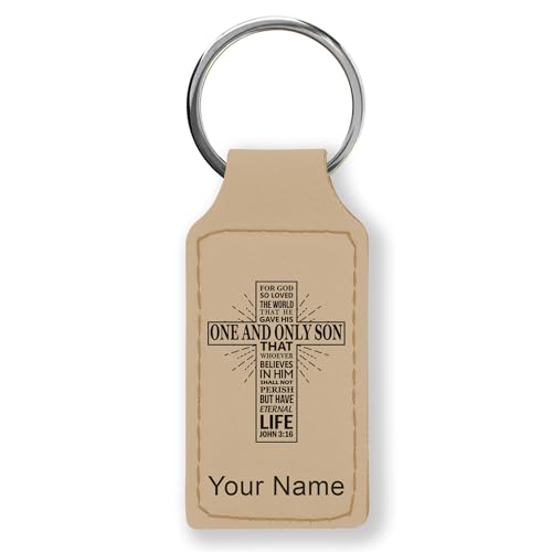 LaserGram Rectangle Keychain, Bible Verse John 3-16, Personalized Engraving Included - color: Beige