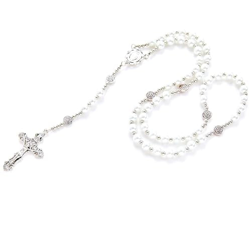 8mm Purple Pearl Beads Catholic Rosary Glass Beaded Acrylic String Necklace White Ceramics Bead Rosary Miraculous Medal Crucifix Cross Gift for Women Girls - color: Off-white