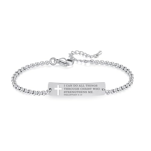 Bible Verse Bracelet-Stainless Steel Scripture Quotes Inspirational Bracelet Faith Christian Bracelet for Women, Christmas gift for women - color: Cross-Silver