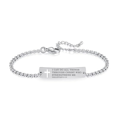 Bible Verse Bracelet-Stainless Steel Scripture Quotes Inspirational Bracelet Faith Christian Bracelet for Women, Christmas gift for women - color: Cross-Silver