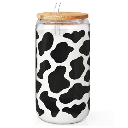 SANDJEST Cow Glass Can, Cow Prints Cup with Lid & Straw, Iced Coffee Aesthetic Cups, Idea Gift for Christmas Birthday Mother Day, Gifts for Women, 16oz - color: Cow Skin