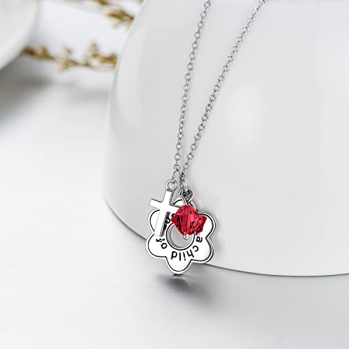 AOBOCO 925 Sterling Silver I Am a Child of God Daisy Necklace Jewelry Birthday Birthday Baptism Communion Gifts for Girls - color: Simulated Ruby