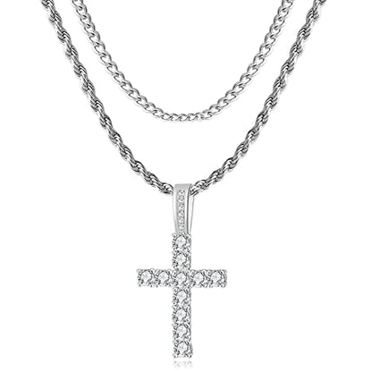 GEMOSA Cross Necklace for Men, Cuban Link Layered Rope Chain Silver/Gold/Black - color: Silver, size: 16/18 inch
