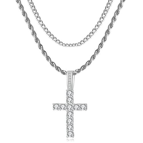 GEMOSA Cross Necklace for Men, Cuban Link Layered Rope Chain Silver/Gold/Black - color: Silver, size: 16/18 inch
