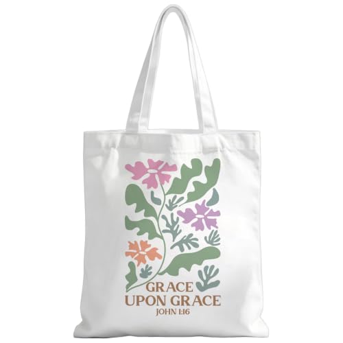 Christian Tote Bag Religious Gifts Canvas Bags for Women Men Shopping Work Gym Picnic Travel - color: Grace Upon Grace John 1:16