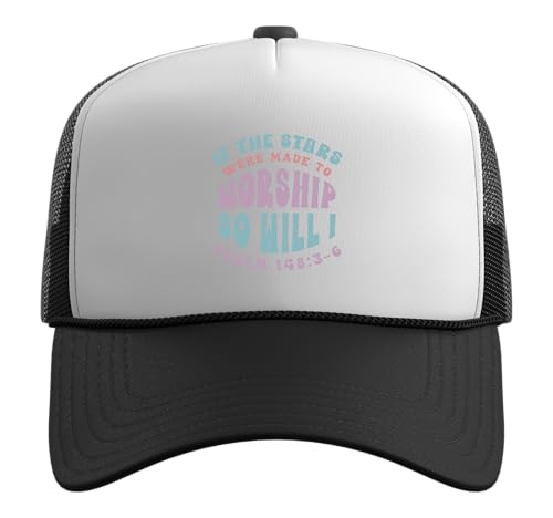 Christian Faith If Stars were Made to Worship Bible Verse Trucker Hat with Adjustable Mesh Back - color: Black/White
