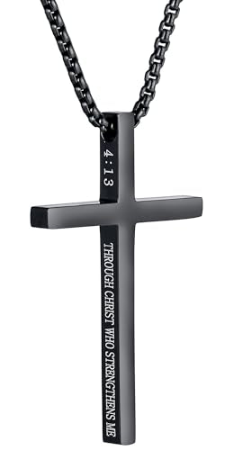 Cross Necklace for Men Christmas Gift Cross Pendant Strength Bible Verse Stainless Steel Necklaces - style: Black cross
