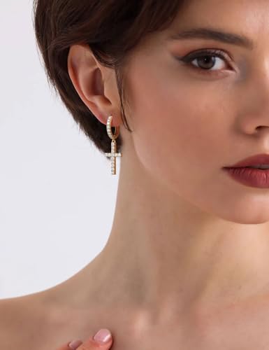 Moissanite Sterling Silver Cross Earrings for Women Huggie Drop - color: Cross Dangle (Gold)