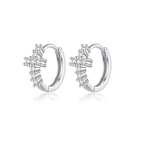 Reffeer Solid 925 Sterling Silver CZ Cross Hoop Earrings for Women Teen Girls Cross Huggie Earrings Cartilage Helix - color: A-Silver