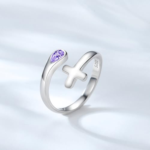 Jinlou Thumb Rings for Women - 925 Sterling Silver Birthstone Open Teardrop Encouragement Adjustable Ring Women Gifts for Teens Mom Birthday Mother's Day St Patricks Day - color: February, style: Cross CZ Ring
