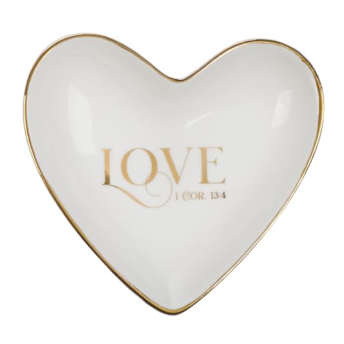 Christian Art Gifts Scripture Inspired Decorative Ceramic Heart Shaped Trinket Tray Dish for Women: Love, Cute Small Novelty Jewelry Storage Holder for Rings, Necklaces, Bracelets, Watches, White/Gold