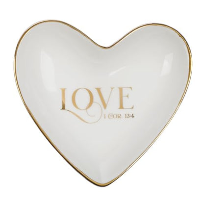 Christian Art Gifts Scripture Inspired Decorative Ceramic Heart Shaped Trinket Tray Dish for Women: Love, Cute Small Novelty Jewelry Storage Holder for Rings, Necklaces, Bracelets, Watches, White/Gold