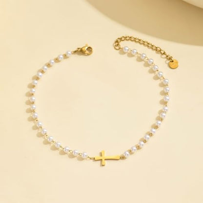 18K Gold Plated Pearl Bracelets for Women Dainty Waterproof - style: Pearl Chain Cross-Gold