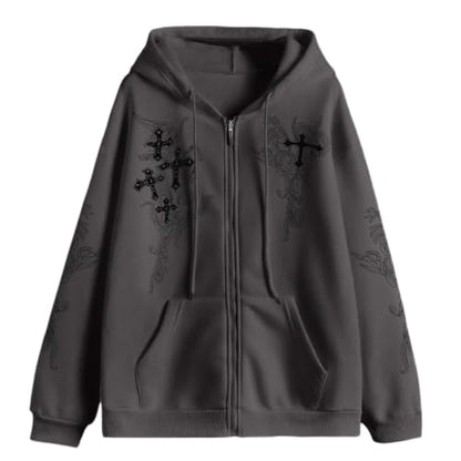 Zip Up Oversized Hoodies Women Men, Graphic Gothic Jackets Cross Hoodie, Baggy Streetwear Fleece Sweater Unisex - color: Dark Grey, size: Small