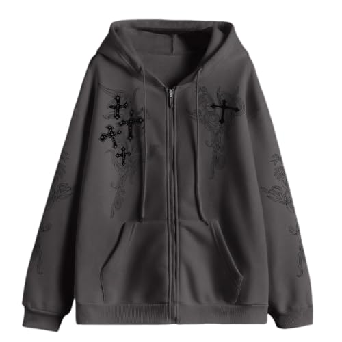 Zip Up Oversized Hoodies Women Men, Graphic Gothic Jackets Cross Hoodie, Baggy Streetwear Fleece Sweater Unisex - color: Dark Grey, size: Small