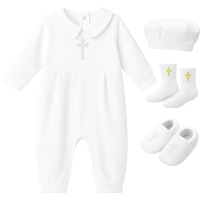 4 Pcs Baby Boy Baptism Outfits with Cross Christening Outfit Jumpsuit Hat Shoes Socks for Newborn Infant Boys - size: 6-12 Month