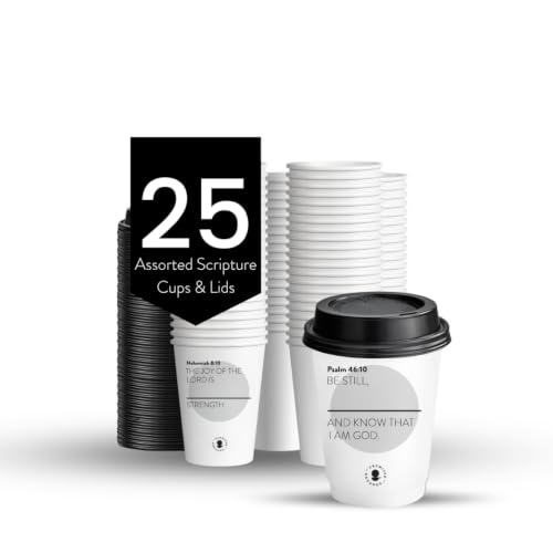Double-Walled Paper Hot Cup, 12oz, Grey, Personalized Scripture Verses, for Sunday Morning Coffee Service and Small Groups, 25 Pack with Black Lids