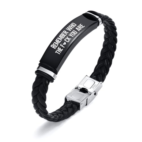 Leather Bracelet Sobriety Gifts for Men : Inspirational Quote/Bible Verse Engraved Braided Black Mens Bracelet for Him, Customized Religious Christian Gift Jewelry for Son/Dad/Boys/Boyfriend/Husband - style: 14:Remember who the fuk you are