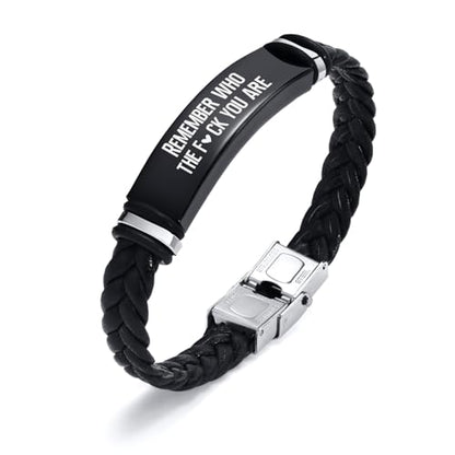 Leather Bracelet Sobriety Gifts for Men : Inspirational Quote/Bible Verse Engraved Braided Black Mens Bracelet for Him, Customized Religious Christian Gift Jewelry for Son/Dad/Boys/Boyfriend/Husband - style: 14:Remember who the fuk you are