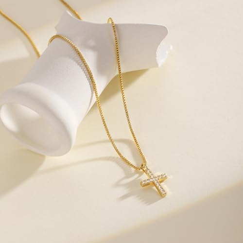 Cross Necklace For Women,14K Gold Plated Small Dainty Colorful Beaded Cubic Zirconia Diamond Double Layered Cross Pendant Choker Necklaces For Women,Christian Easter Religious Jewelry Gifts - style: Box Chain Small CZ Cross-Gold