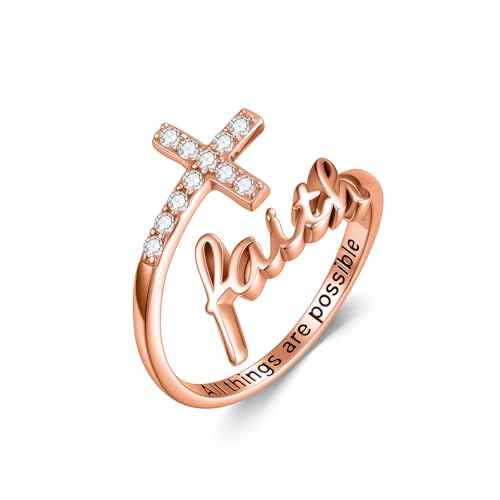 Cross Rings Faith Ring 925 Sterling Silver Adjustable Cross Wrap Ring Christian Fashion Band for Women - color: B-Rose Gold