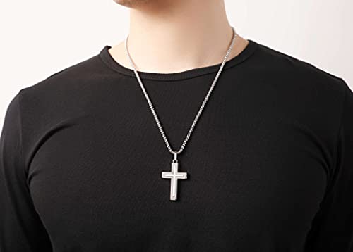 Holizaly Men's Cross Necklace 316L Stainless Steel Pendant White/Gold/Black/Blue Rolo Chain-Gift Box Included - color: Silver