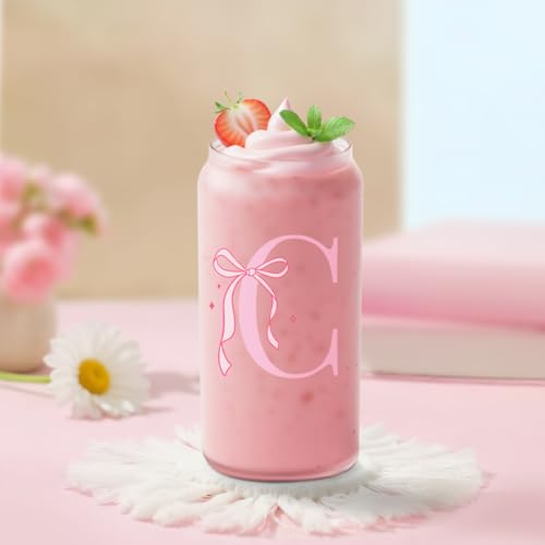SANDJEST Monogrammed Glass Drinking Can Cup with Acrylic Lid and Straw, Personalized Frosted Iced Coffee Tumbler 16oz, Monogram Initial Gifts for Women Girls on Birthday (C) - color: C