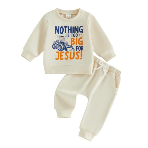 Kupretty Baby Boy Clothes Dad's Little Dude Sweatshirt Pants Set - color: Nothing is Too Big for Jesus-beige, size: 18-24 Months