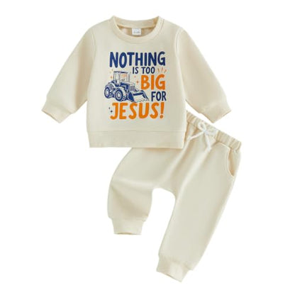Kupretty Baby Boy Clothes Dad's Little Dude Sweatshirt Pants Set - color: Nothing is Too Big for Jesus-beige, size: 18-24 Months