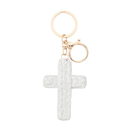 Macrame Cross Keychain,Jesus Key Chain Christian Car Accessories Handmade Soft Cross Keychain Charm Cute Baptism Faith Inspired Boho Decor for Women Men Religious Gifts(White)