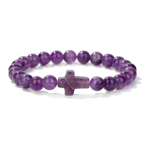 8mm Gemstone Cross Bracelet for Women Men – Stretch Beaded Faith Bracelet with Sideways Cross (Multiple Colors) - style: Amethyst
