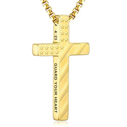RWQIAN American Flag Cross Necklace for Men,Stainless Steel Bible Verse Cross Pendant Mens Chain,Crucifix Necklace for Christians Teen Baptism Gift Ideas Catholic Men Cool Stuff Personalized Gifts - color: Gold Plated, style: Proverbs 4:23