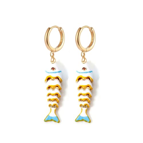 Color Boho Fish Earring for Women, Gold Huggie Hoops Dangle Colorful enamel Summer Beach 3D Stereo Tiny Fish Drop Earrings Ocean Minimalist Statement Jewelry Gift - color: White Enamel